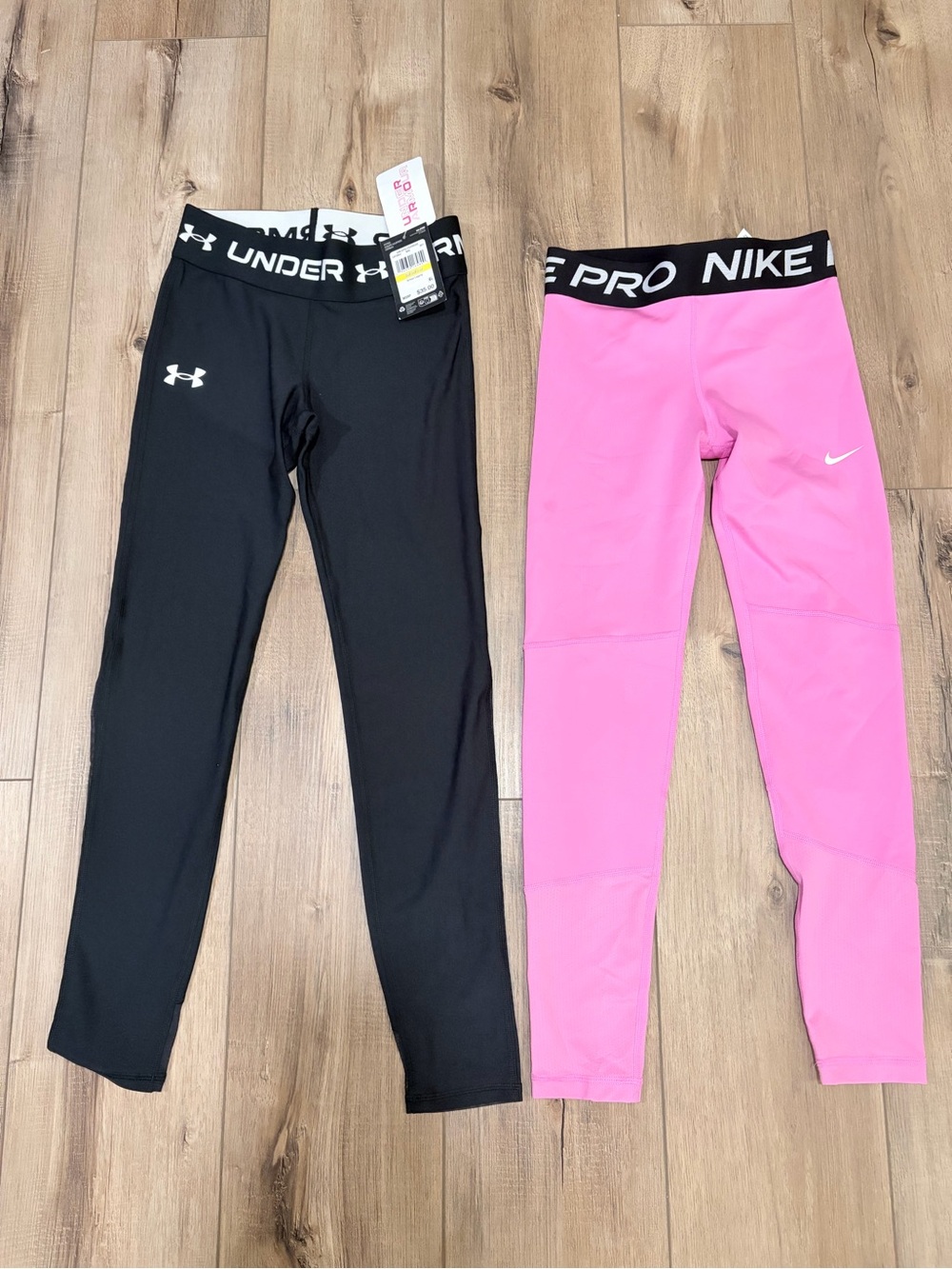 Nike Pro Pink + Under Armour Black Leggings Lot of 2 Youth M Sportcore Gymcore